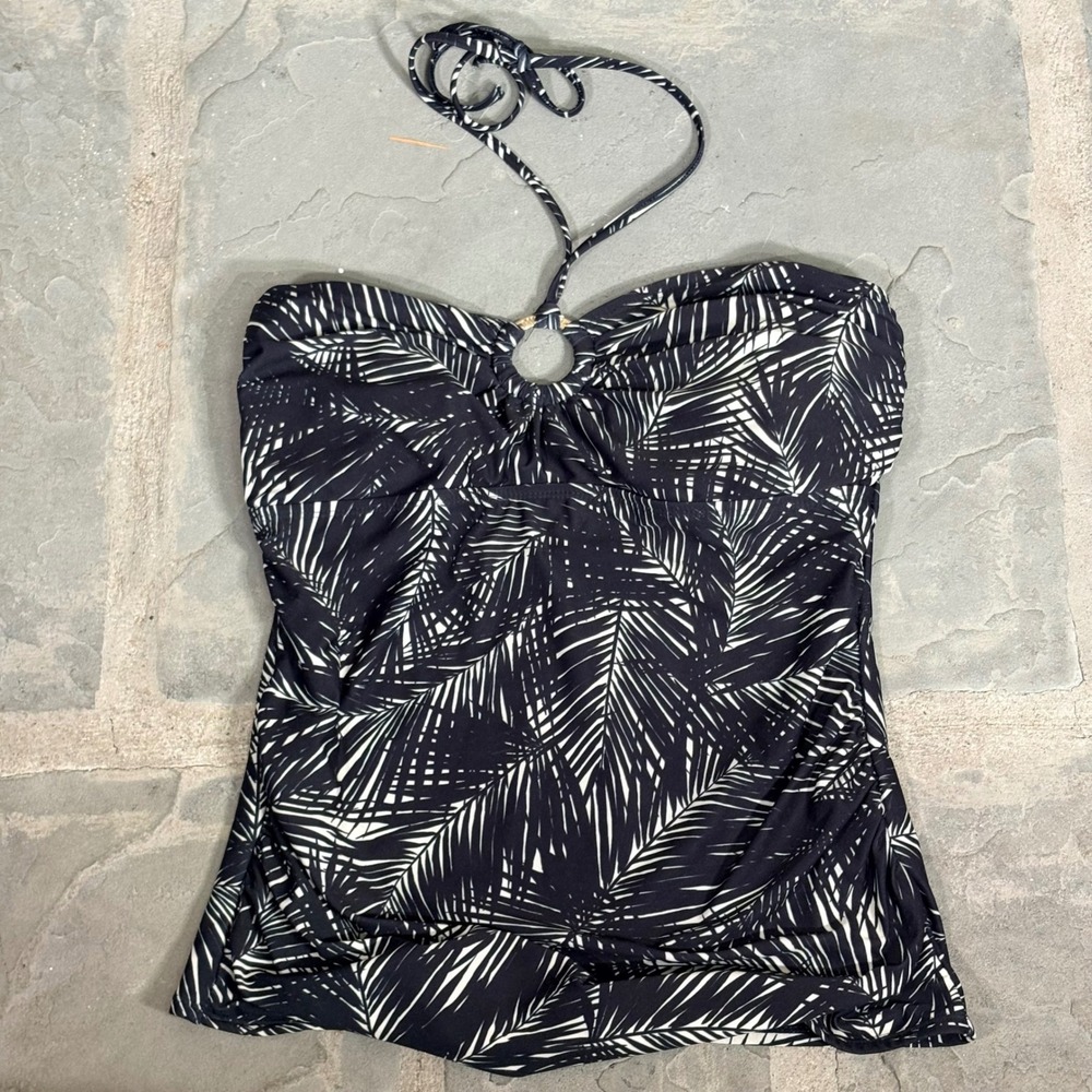 Michael Kors Womens Black White Palm Leaf Halter Tankini Top Large Vacation